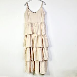BOOHOO Dress Women 14 Beige V-neck Tiered Cotton Maxi Ruffle Layered Flounce NWT
